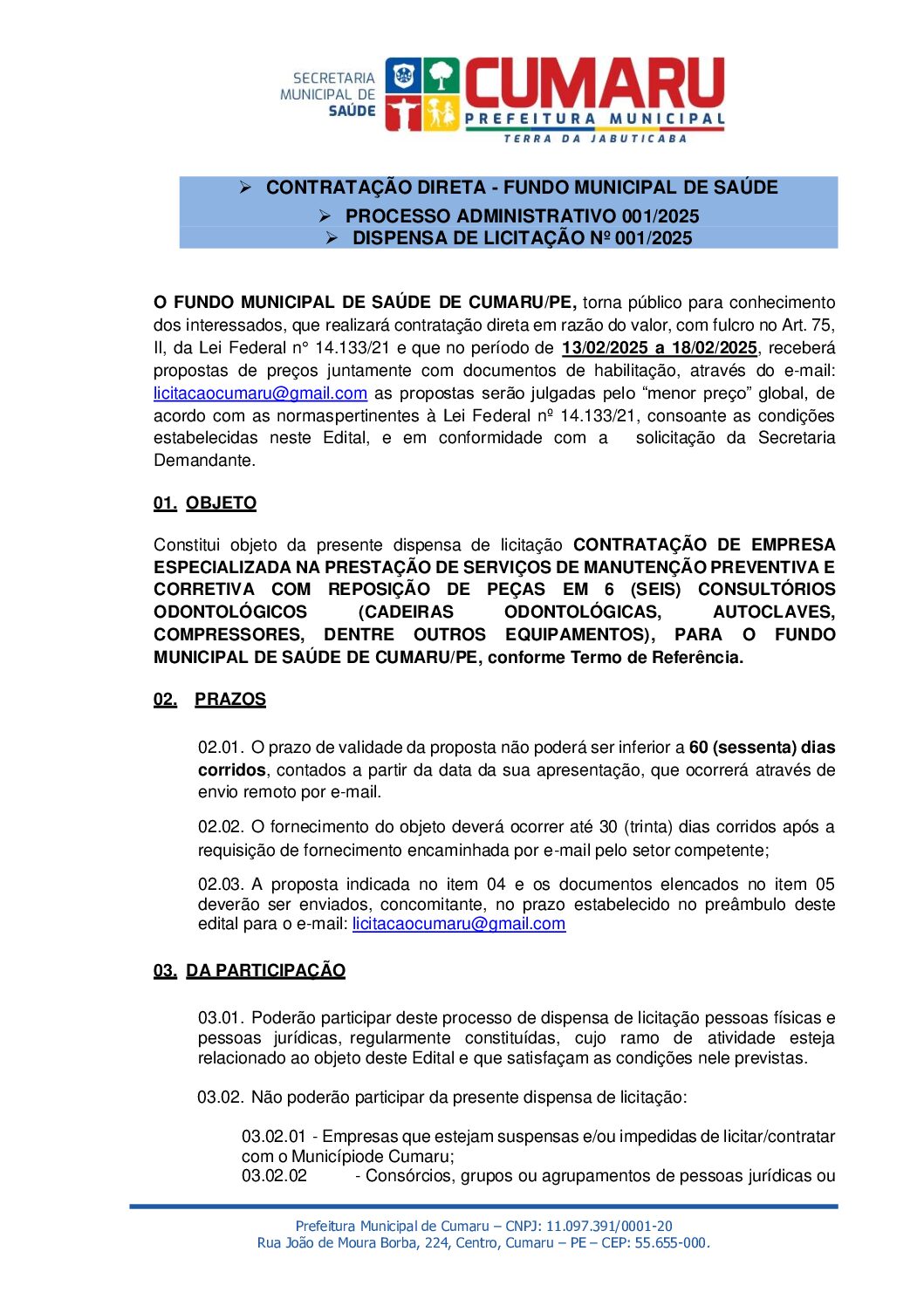 EDITAL - MANUTENÇÃO CADEIRA ODONTOLOGICA